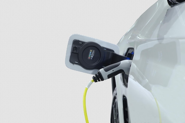 Zbliżenie wtyczki EV podłączonej do białego, nowoczesnego samochodu EV do ładowania energii akumulatora