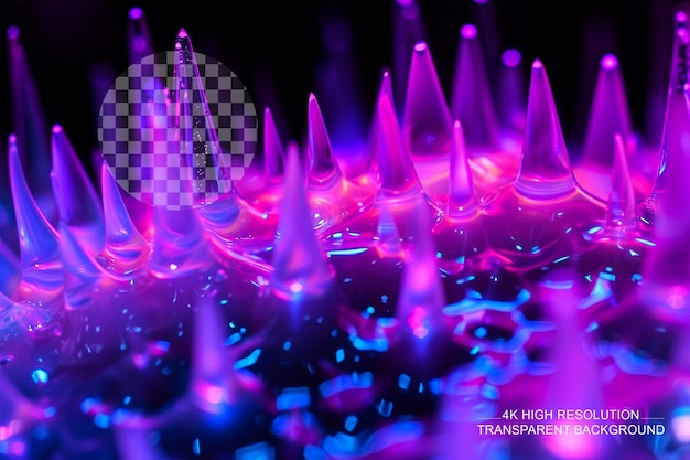 PSD zbliżone zdjęcia wspaniałych szczytów ferrofluidu świecących pod jasnym światłem na przezroczystym tle