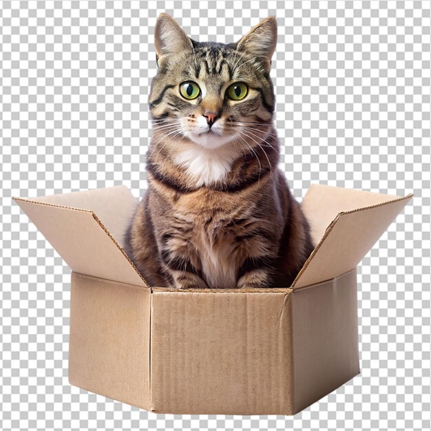 PSD zbliżony zdjęcie domowego czerwonego kota siedzącego w brązowym pudełku