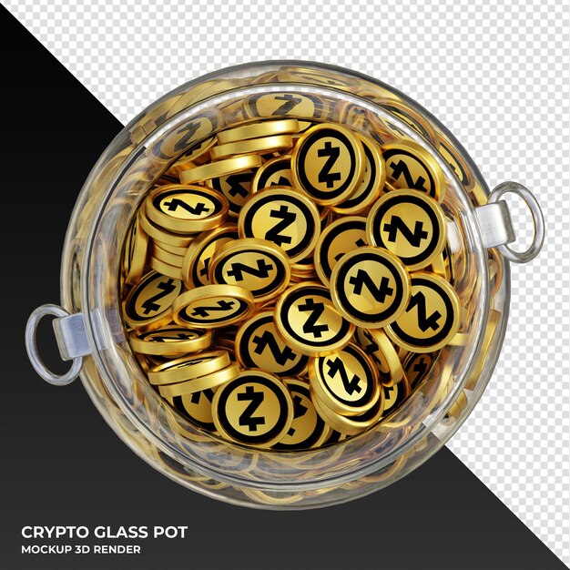 PSD zcash zec crypto coin top view clear glass pot