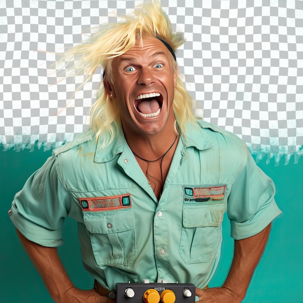 PSD zdezorientowany dorosły mężczyzna z blond włosami z aborygenów australijskiego pochodzenia ubrany w strój elektryka pozuje z nachyloną głową z uśmiechem na tle pastelowym
