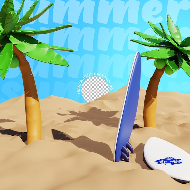 PSD zdjęcie deski surfingowej i palm z napisem lato