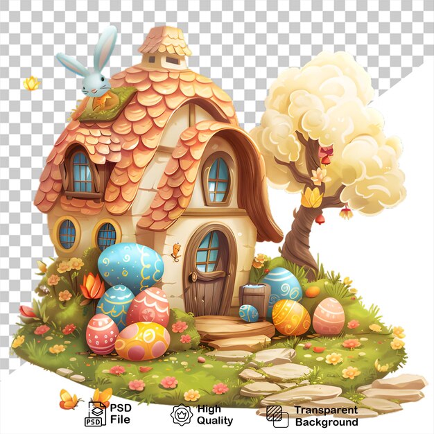 PSD zdjęcie domu z królikiem i jajkami na nim bez tła