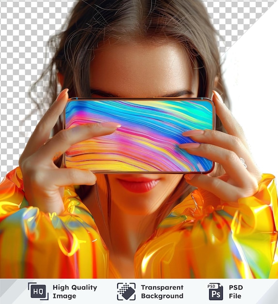 PSD zdjęcie kobiety trzymającej kolorowy smartfon odizolowany na przezroczystym tle