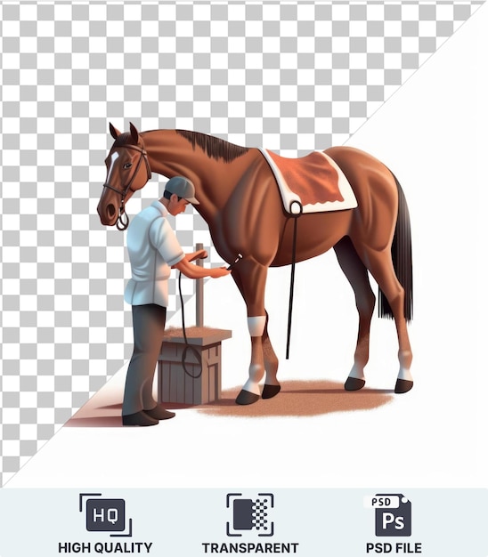 PSD zdjęcie kreskówki 3d trenera koni wyścigowych przygotowującego cenionego czystej krwi