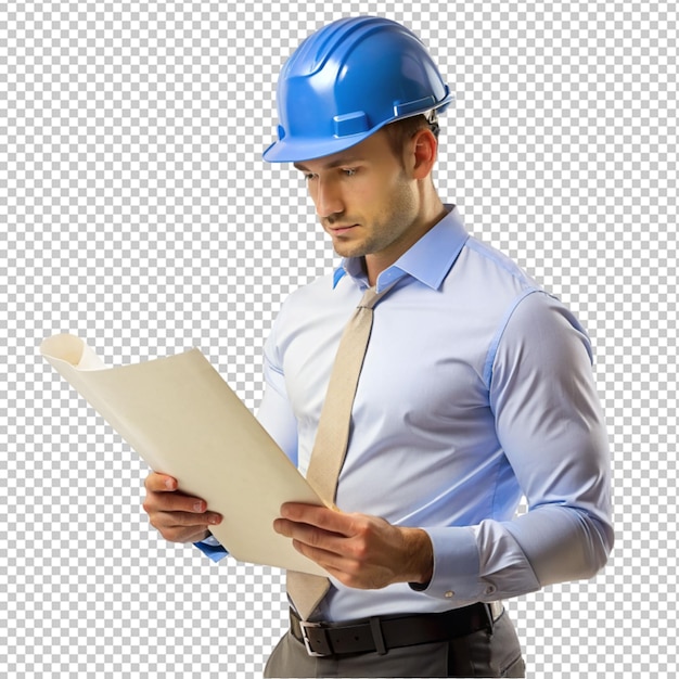 PSD zdjęcie męskiego architekta w kapeluszu czytającego na przezroczystym tle