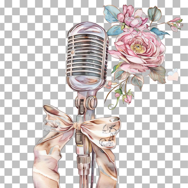 PSD zdjęcie mikrofonu i kwiatu na szafkowym tle