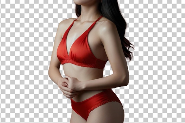 PSD zdjęcie pięknego szczupłego ciała azjatyckiej kobiety w studiu nakręcone na czerwonym tle