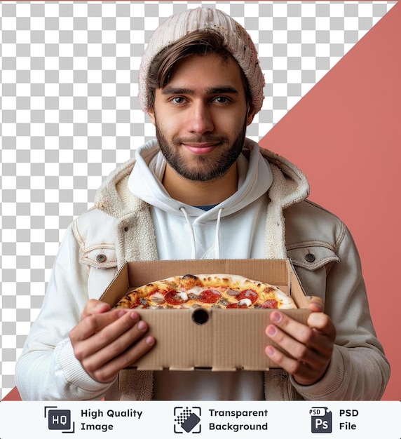 PSD zdjęcie przystojniaka trzymającego pudełko z świeżą pizzą w rękach