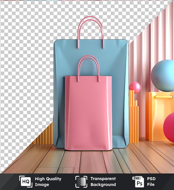 PSD zdjęcie psd makietka zakupów internetowych z kolorowymi balonami różowa ściana drewniana podłoga i różowa torebka