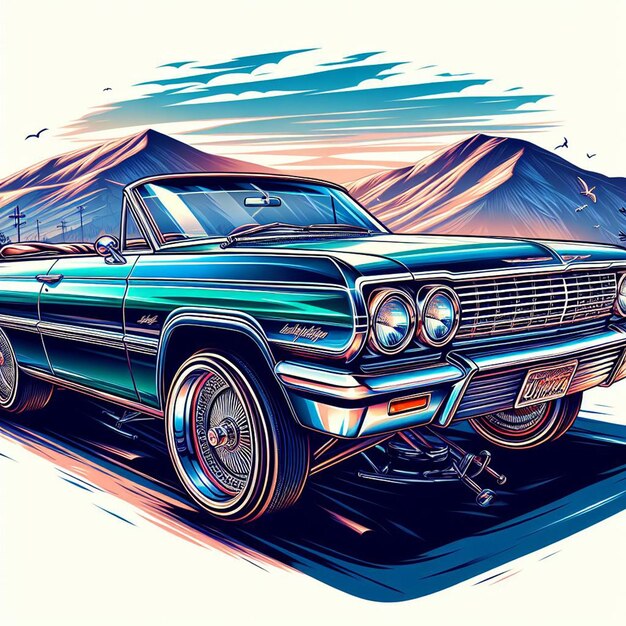 PSD zdjęcie samochodu chevy impala lowrider z 1964 roku na białym tle