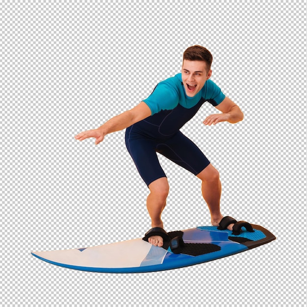 Zdjęcie szczęśliwego surfera w kombinezonie przy użyciu deski surfingowej jak na fali