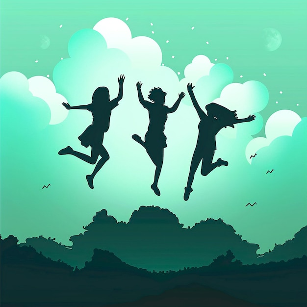 PSD zdjęcie trzech ludzi skaczących w niebo ze słowami 