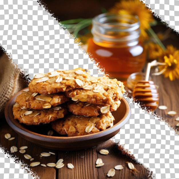 PSD zdrowe ciasteczka owsiane z suchego owsa i słodzone miodem na brązowym drewnianym stole na przezroczystym tle
