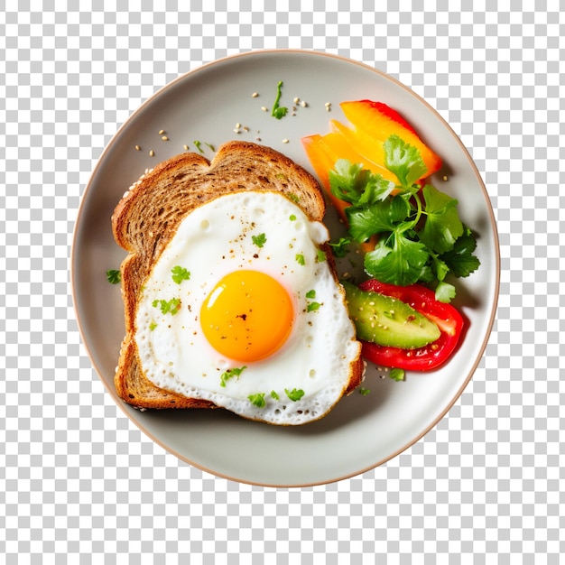 PSD zdrowe śniadanie z warzywami, jajem, mięsem i pomidorem na talerzu na przezroczystym tle