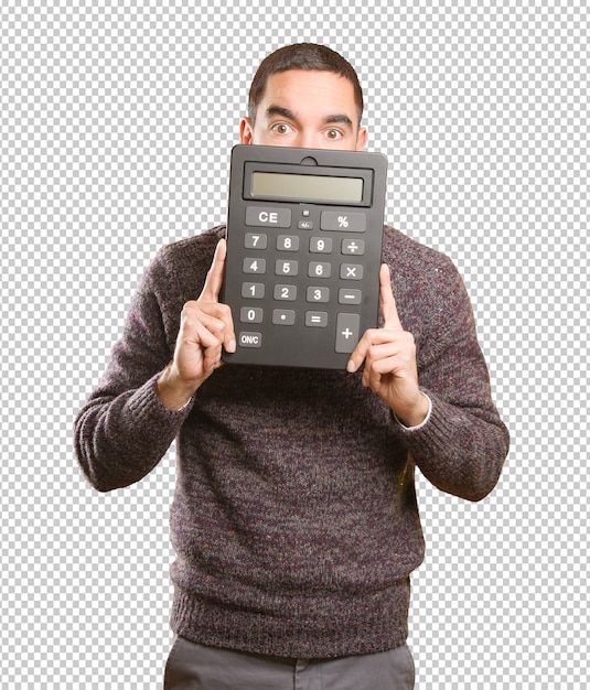 Zdziwiony Młody Człowiek Trzyma Kalkulatora
