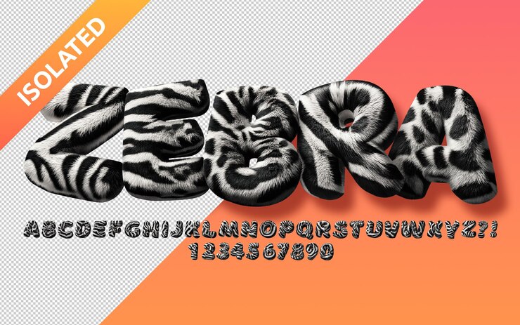 PSD zebra 3d alphabet font with fur texture isolated on background