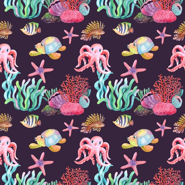 Zeedieren zijn onder andere Octopus Coral Turtle en Buttefly Fish Waterverf Naadloos patroon