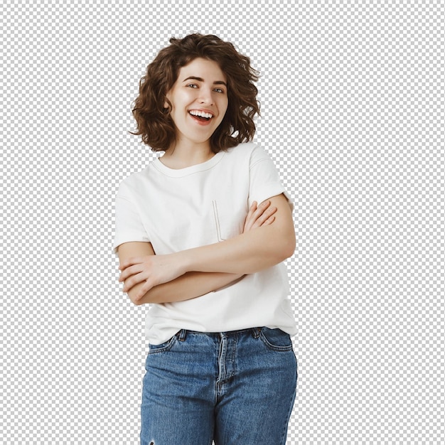 Zekerzinnige gelukkige vrouwelijke universiteitsstudent die met gekruiste handen glimlacht