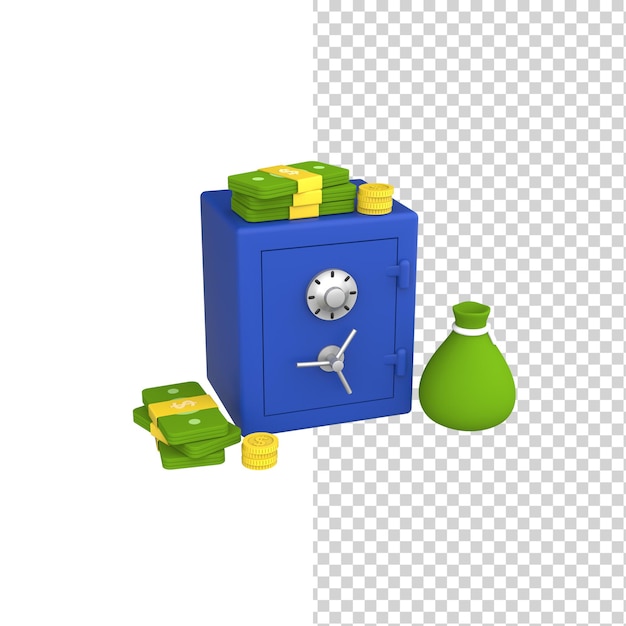 Żelazny sejf 3D z hasłem i mechaniczną blokadą dolarów i monet wokół modelu Render