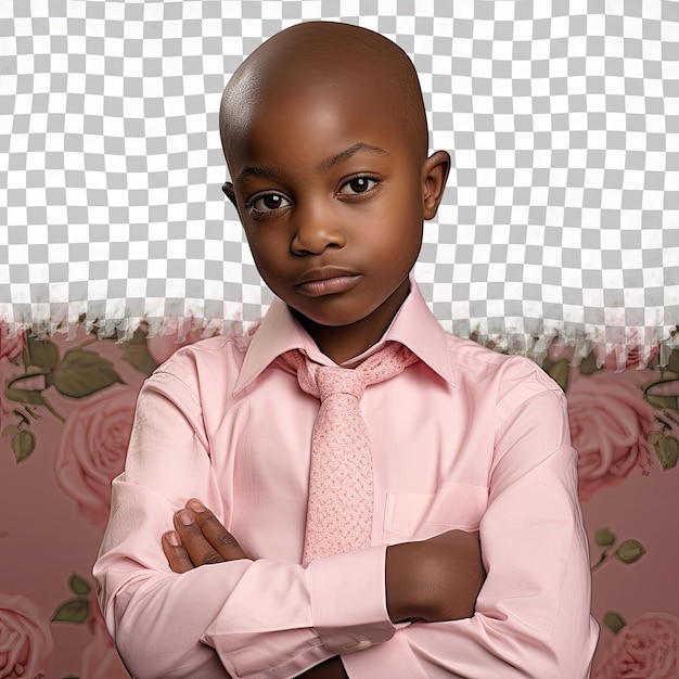 PSD zelfverzekerde afrikaanse restaurateur jongen met kaal haar poseert tegen een pastelroze achtergrond
