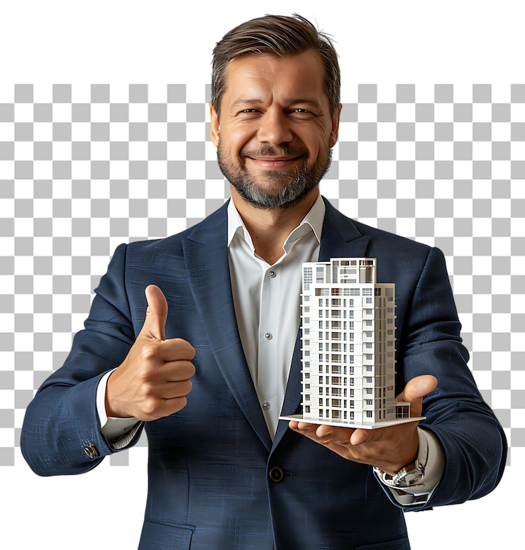 PSD zelfverzekerde makelaar in een marineblauw pak die poseert met duimen omhoog gebaar en glimlachend toont en presenteert bouwmodel in studio op geïsoleerde transparante achtergrond