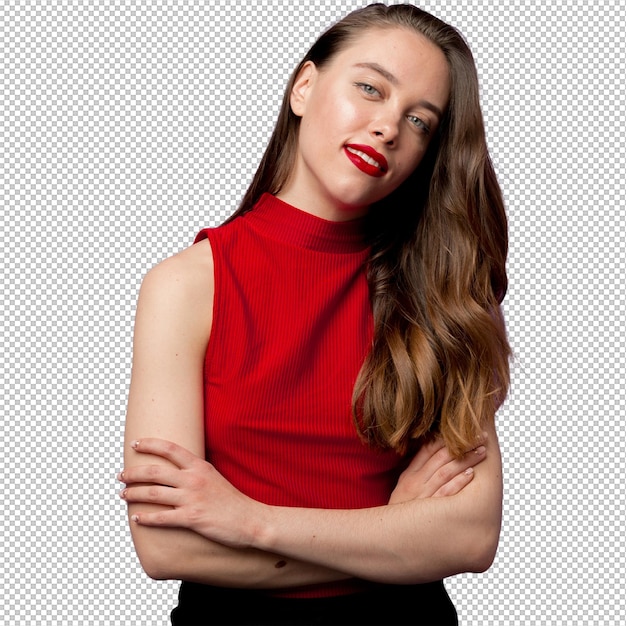 Zelfverzekerde stijlvolle vrouw met lang haar en rode lippenstift die poseert over een violette muur