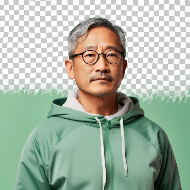 Zen jogger uomo di mezza età con capelli corti e occhiali in posa focalizzata su sfondo verde pastello