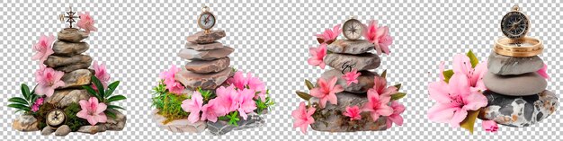 Zen stones with flowers and compass isolated on transparent background