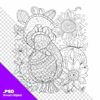 PSD zentangle gestileerde vogel met bloemen handgetekende vectorillustratie voor volwassen kleurboekpagina psd-sjabloon