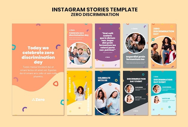 PSD set di storie di instagram per il giorno della discriminazione zero