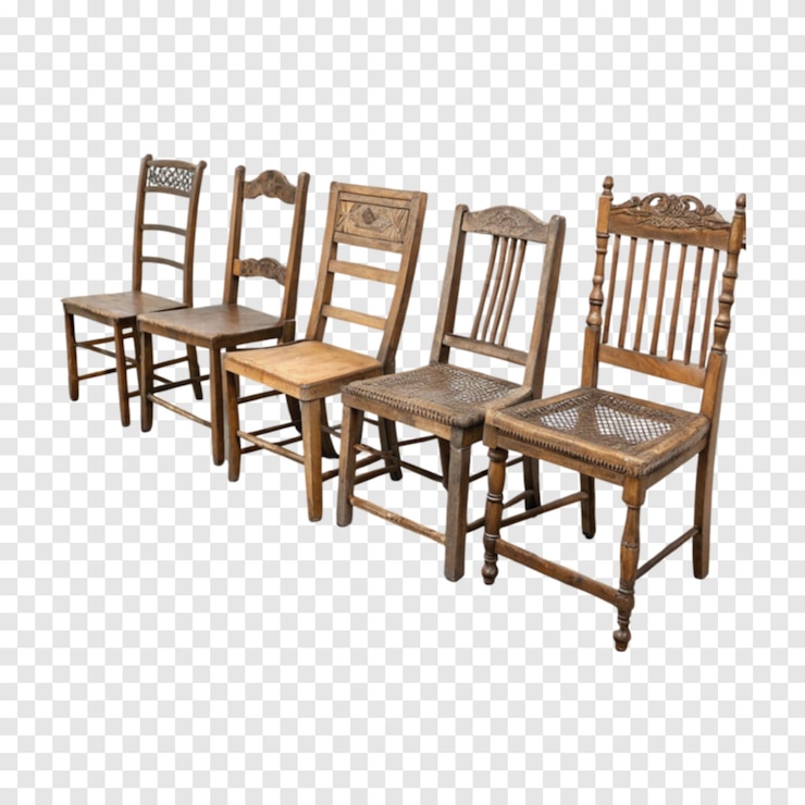 PSD zes vintage houten stoelen geïsoleerd op een doorzichtige witte achtergrond