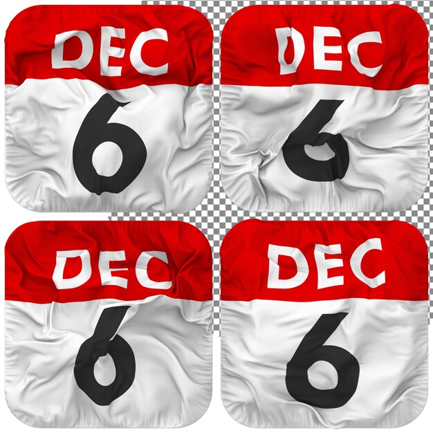 PSD zesde 6 december datum kalenderpictogram geïsoleerd vier zwaaiende stijl bump textuur 3d rendering