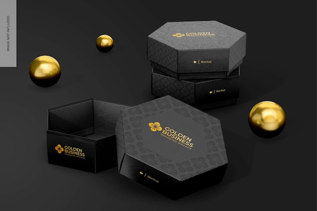 Zeshoekige dozen Mockup gestapeld