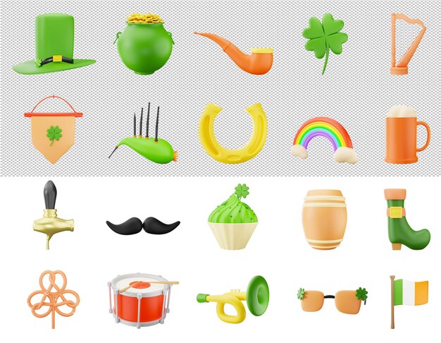 Zestaw 3D Patrick's Day Element na białym tle png