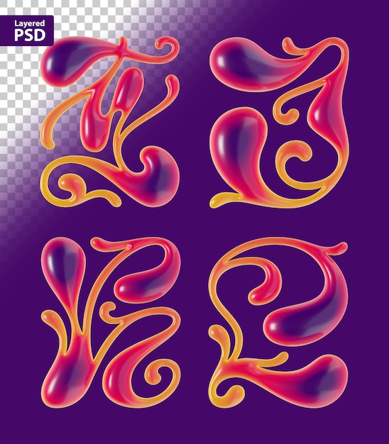 PSD zestaw 3d renderowanych kręconych liter o gładkiej błyszczącej powierzchni.