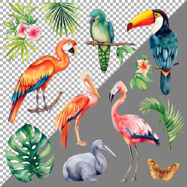 PSD zestaw akwarelowych zwierząt i ptaków w stylu naklejki na przezroczystym tle ai generowany