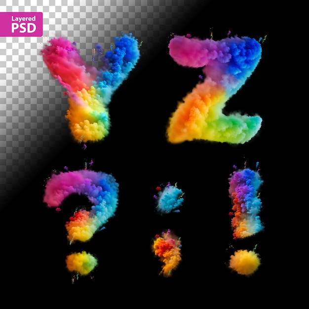 PSD zestaw czcionek rasterowych z literami wykonanymi z kolorów tęczy proszek dymny