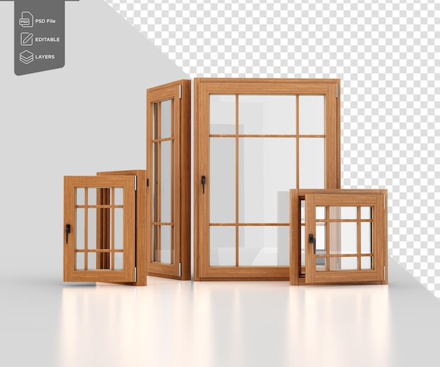 Zestaw czterech drewnianych okien o różnych rozmiarach z wieloma szybami 3D