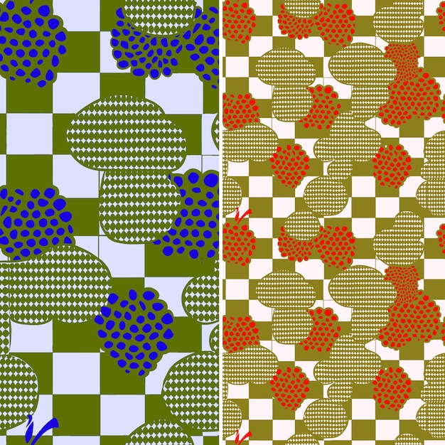 PSD zestaw czterech różnych wzorów z żółto-zielonymi, pomarańczowo-brązowymi i niebieskimi kręgami
