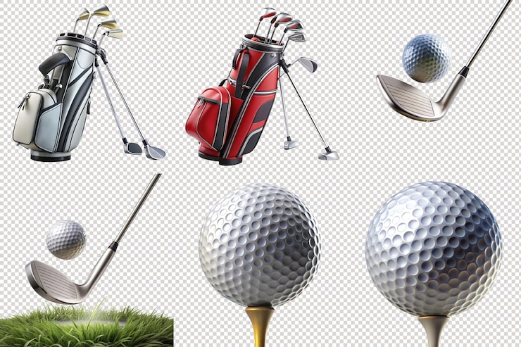 PSD zestaw golfowy z piłkami i akcesoriami na przezroczystym tle doskonały do projektowania sportowego