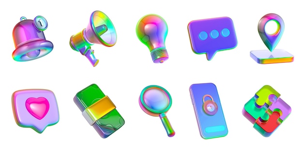 PSD zestaw ikon internetowych z błękitnym szkłem i kolorowymi odbiciami izolowany na białym renderowaniu 3d