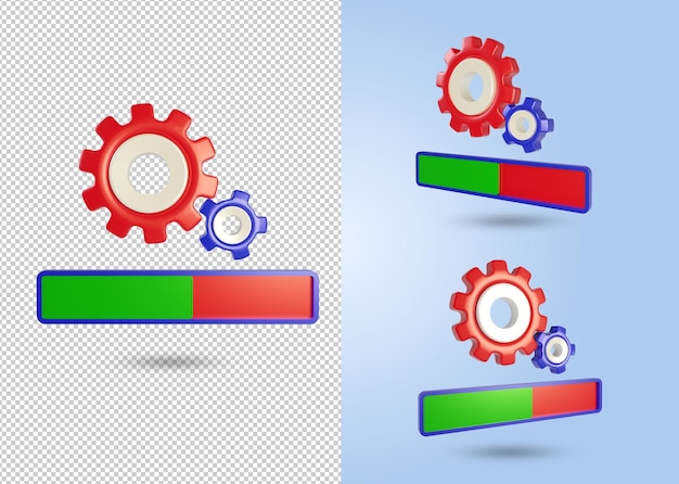 PSD zestaw ikon koła zębatego z koncepcją sieci witryny z paskiem ładowania w ramach naprawy aktualizacji lub konserwacji renderowania 3d