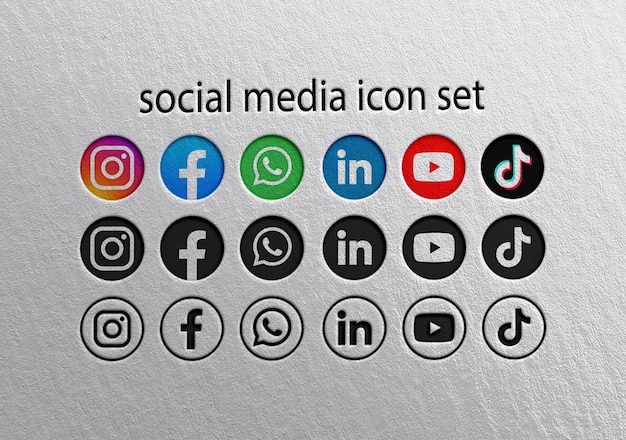 Zestaw ikon mediów społecznościowych z logo Instagram, Facebook, WhatsApp, LinkedIn, YouTube i TikTok