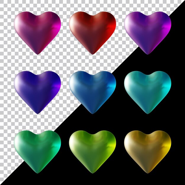 PSD zestaw ikon serca lub kształtów symboli miłości w renderowaniu 3d