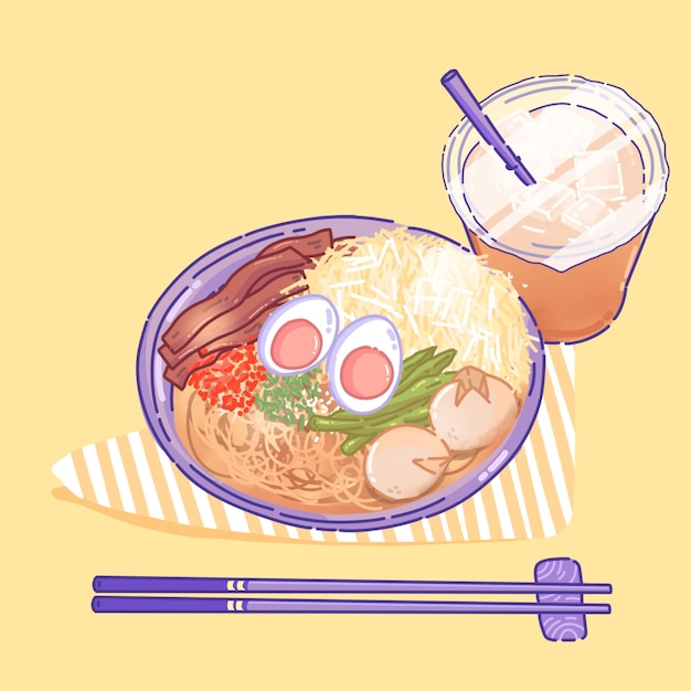 Zestaw ilustracji do makaronów Udon Ramen Vermicelli Ryżowy makaron