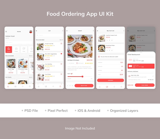 PSD zestaw interfejsu aplikacji do zamawiania jedzenia