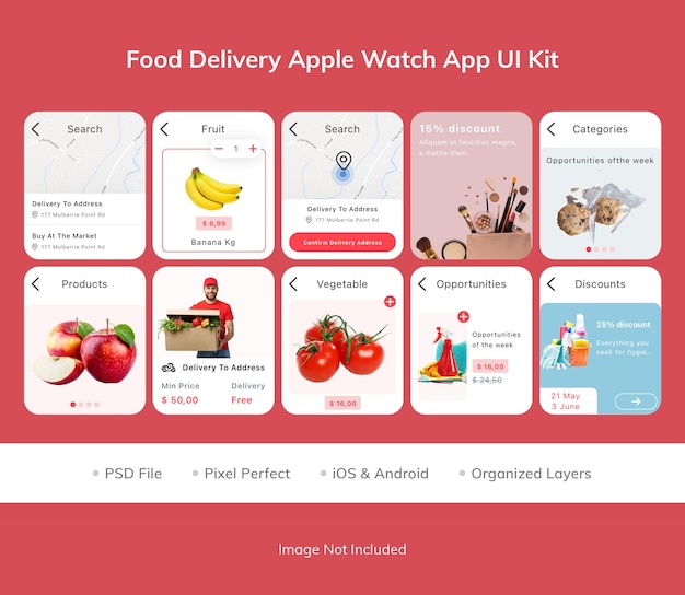 PSD zestaw interfejsu użytkownika aplikacji apple watch z dostawą żywności