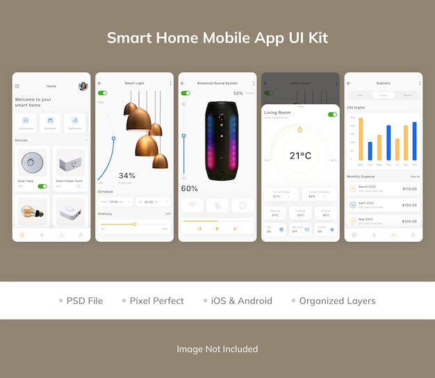 PSD zestaw interfejsu użytkownika aplikacji mobilnej do inteligentnego domu