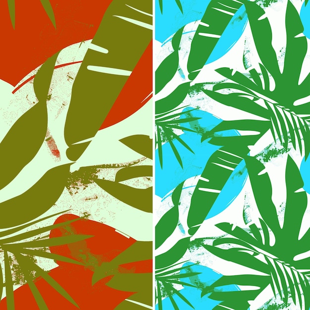PSD zestaw kolorowych plakatów z drzewami palmowymi i czerwonym i zielonym tłem